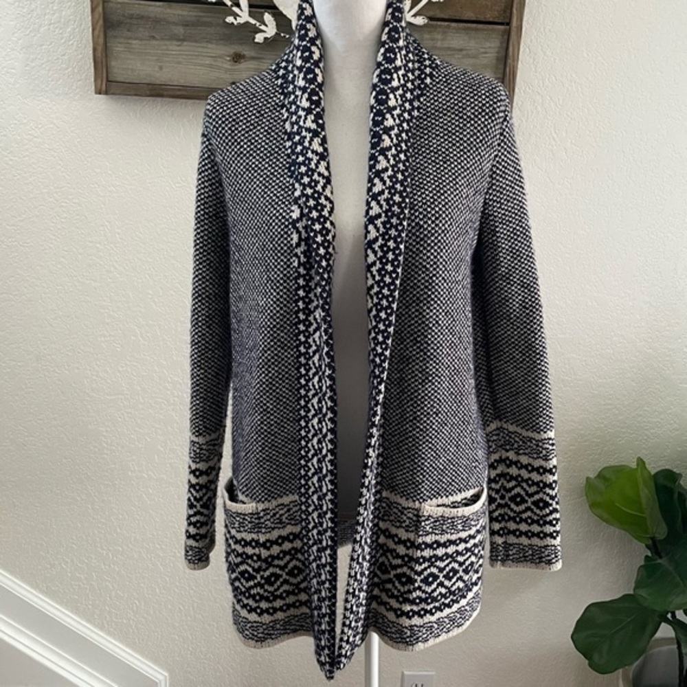 Lucky brand navy cream heavy knit border cardigan sweater ladies S